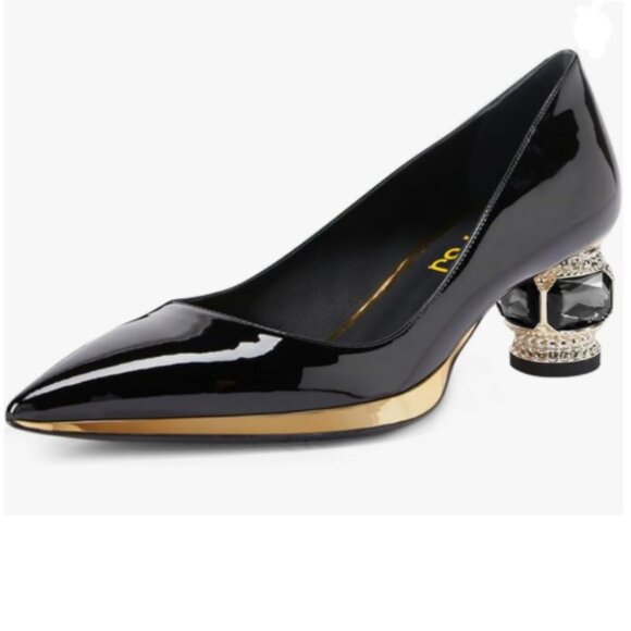 FSJ Shoes - FSJ Black-gold Trim Bridal Pointed Toe Chunky Low Heel Crystal Pump Slip on Shoe